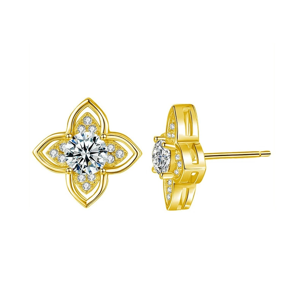 Four-Leaf Clover Round Moissanite Stud Earrings with CZ in Gold-Plated S925 sterling silver white background product photo showing the pair, stone shape, and stud earrings silhouette