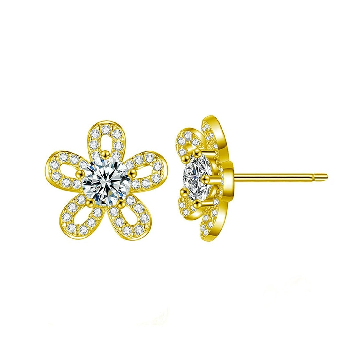 Sunflower Round Moissanite Stud Earrings with CZ in Gold-Plated S925 sterling silver white background product photo showing the pair, stone shape, and stud earrings silhouette