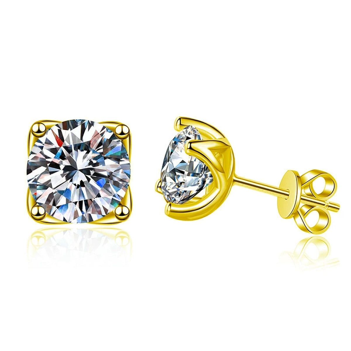 Cushion Round Moissanite Solitaire Stud Earrings in Gold-Plated S925 sterling silver white background product photo showing the pair, stone shape, and stud earrings silhouette
