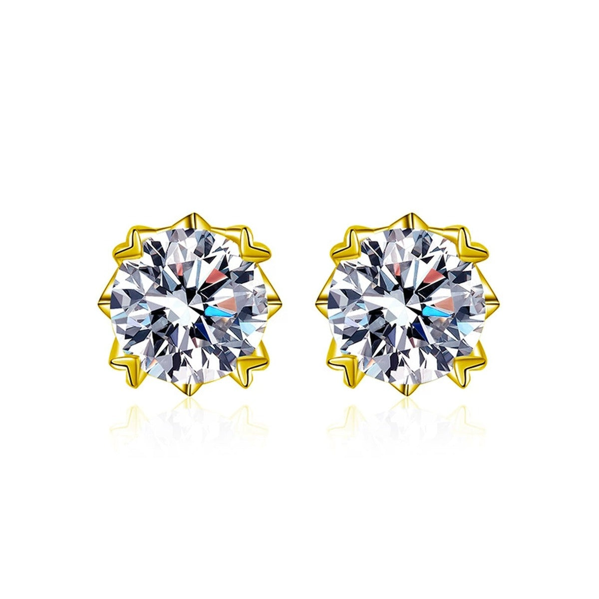 Four-Prong Round Moissanite Solitaire Stud Earrings in Gold-Plated S925 sterling silver white background product photo showing the pair, stone shape, and stud earrings silhouette