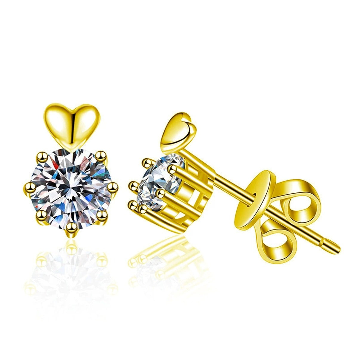 Heart Accent Round Moissanite Stud Earrings in Gold-Plated S925 sterling silver white background product photo showing the pair, stone shape, and stud earrings silhouette