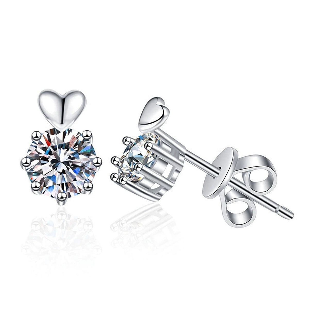 Heart Accent Round Moissanite Stud Earrings in Gold-Plated S925 sterling silver product scene view showing front sparkle