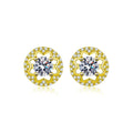 Star Halo Round Moissanite Stud Earrings with CZ in Gold-Plated S925 sterling silver white background product photo showing the pair, stone shape, and stud earrings silhouette