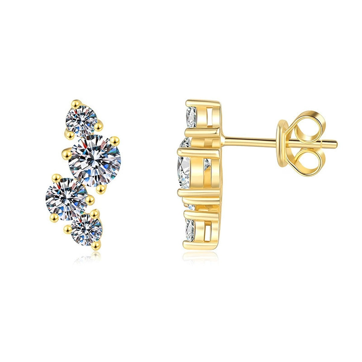 Graduated Round Moissanite Ear Climber Stud Earrings in Gold-Plated S925 sterling silver white background product photo showing the pair, stone shape, and ear climber stud earrings silhouette