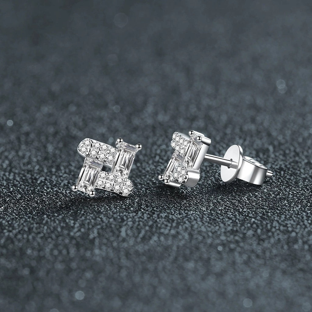Emerald-Cut Moissanite Geometric Stud Earrings with CZ in Gold-Plated S925 sterling silver product scene view showing side profile