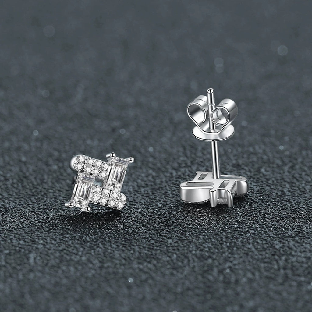 Emerald-Cut Moissanite Geometric Stud Earrings with CZ in Gold-Plated S925 sterling silver product scene view showing pair comparison