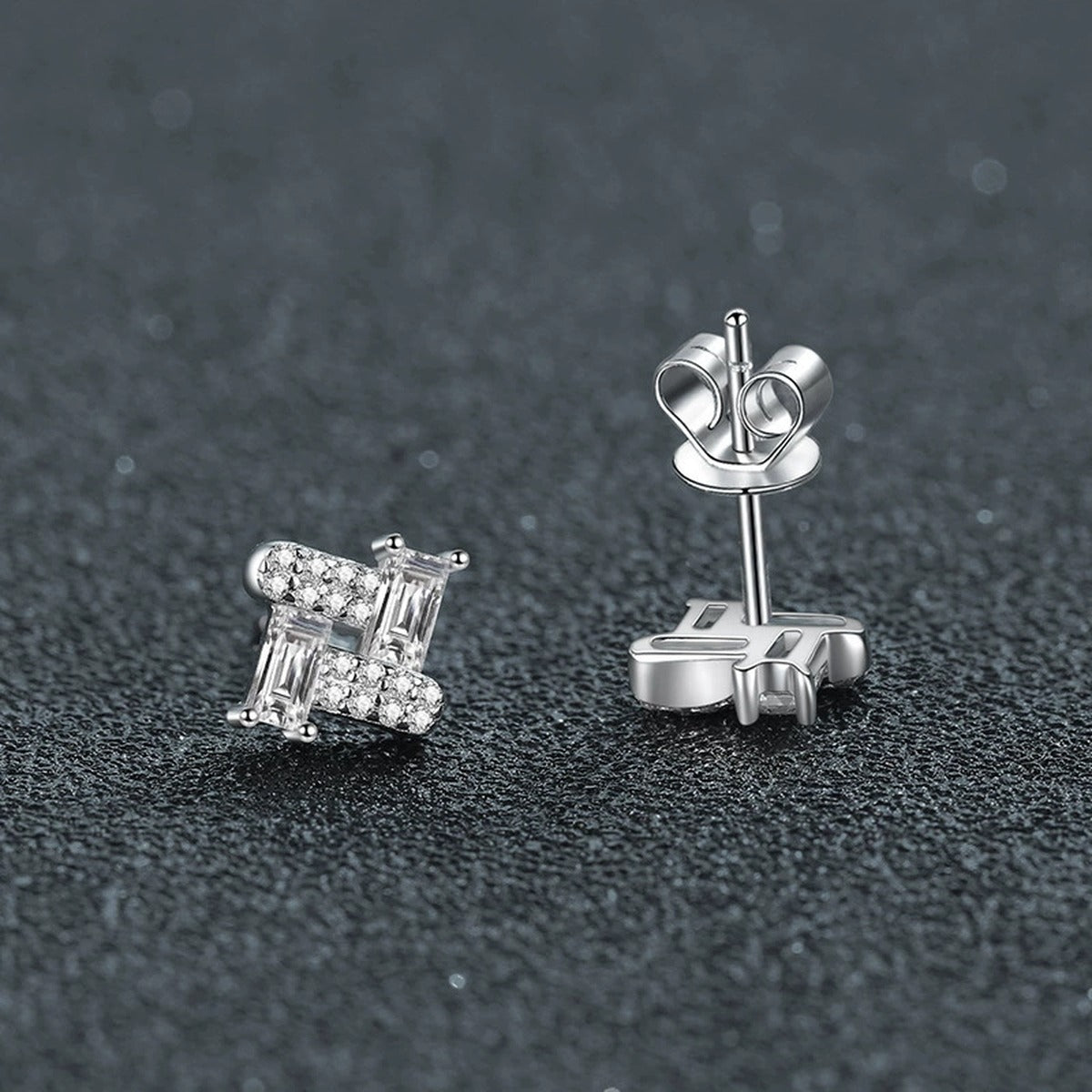 Emerald-Cut Moissanite Geometric Stud Earrings with CZ in Gold-Plated S925 sterling silver product scene view showing pair comparison