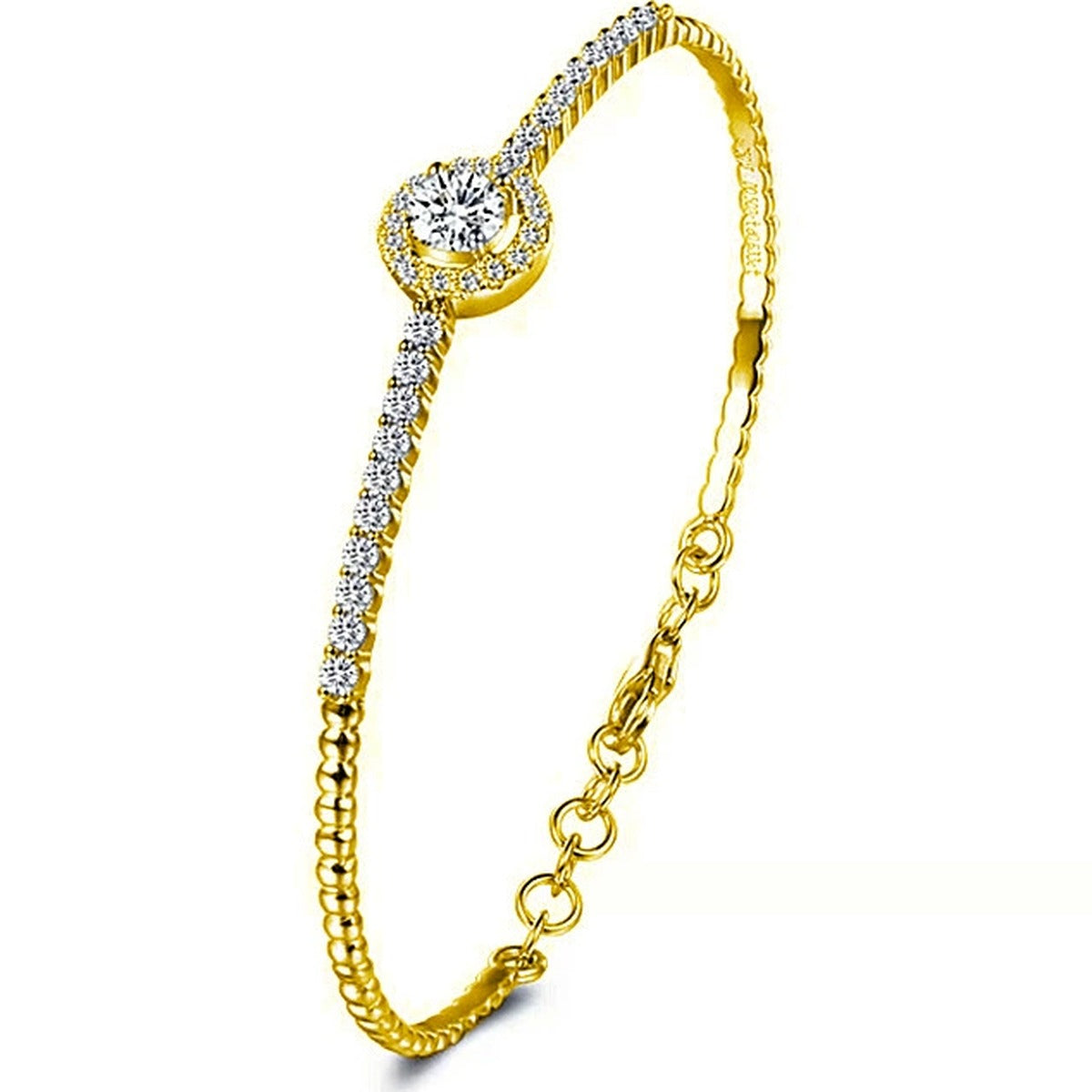 Round Halo Moissanite Bangle Bracelet with CZ in Gold-Plated S925 sterling silver white background product photo showing bracelet shape and moissanite setting