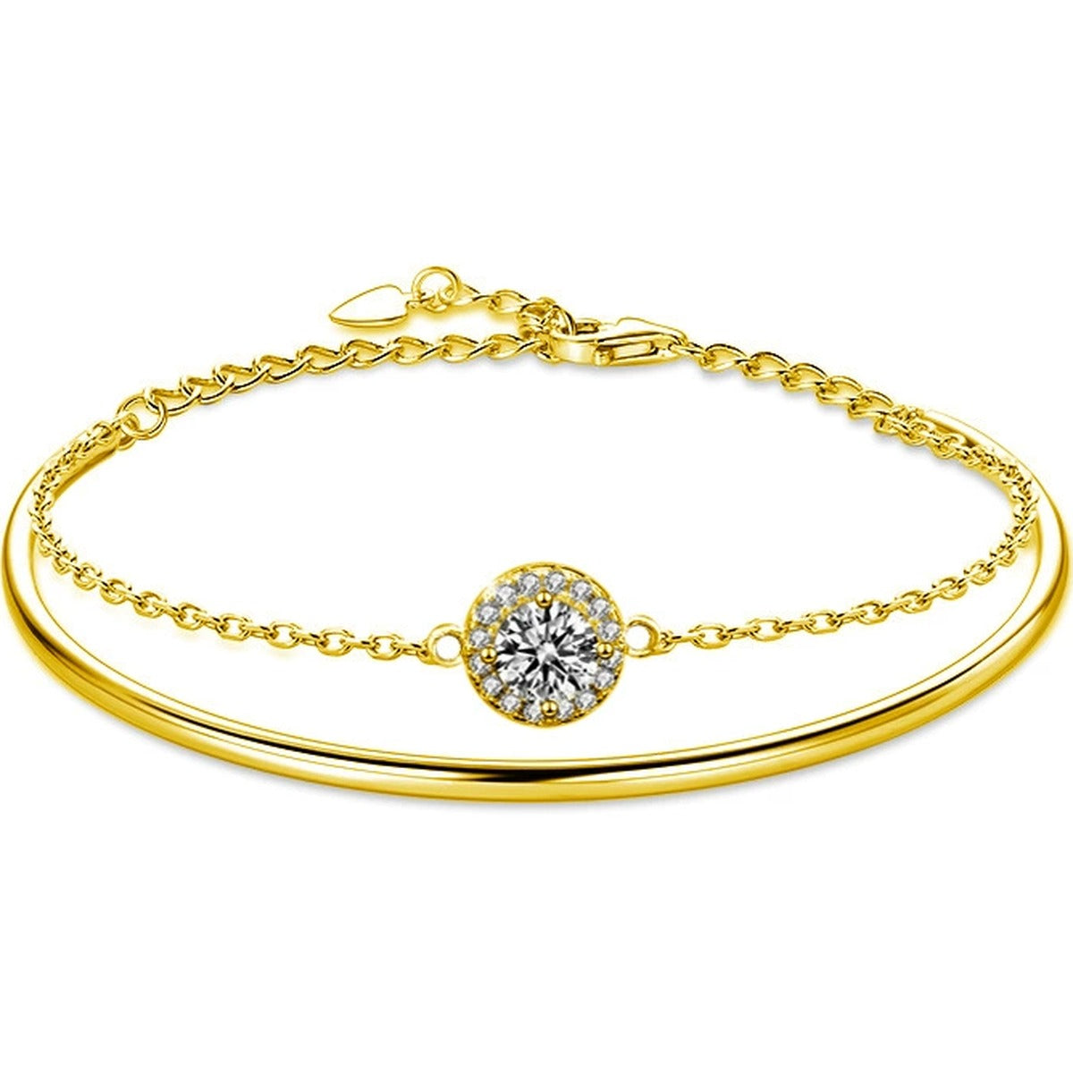 Round Halo Moissanite Chain Bangle with CZ in Gold-Plated S925 sterling silver white background product photo showing bracelet shape and moissanite setting