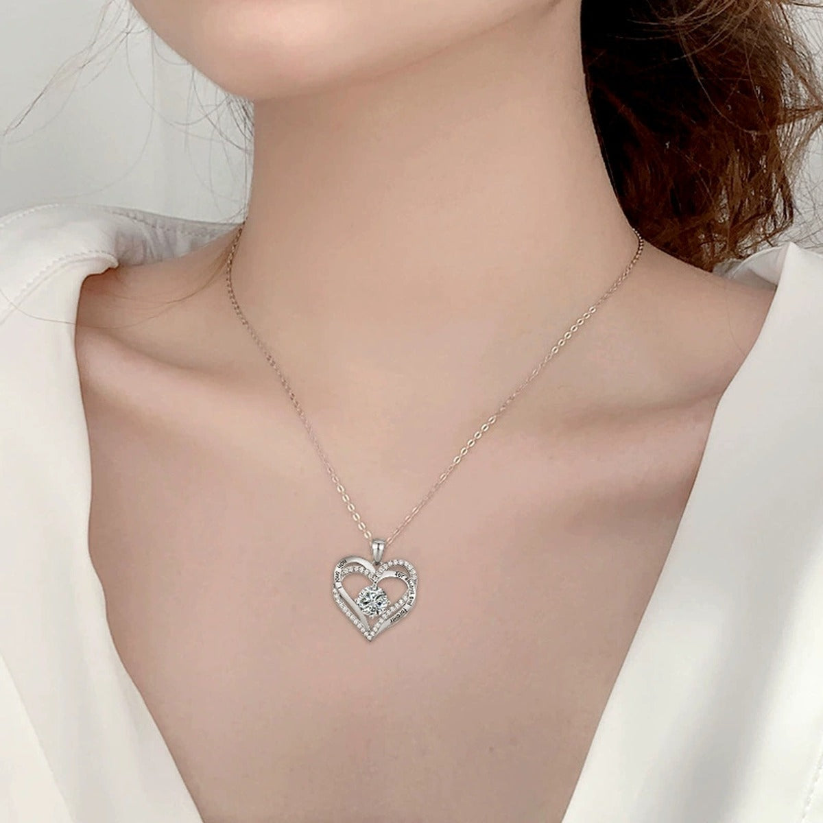 Interlocking Heart Colored Moissanite Necklace with CZ in White Gold-Plated S925 sterling silver neckline model view showing pendant scale and chain length