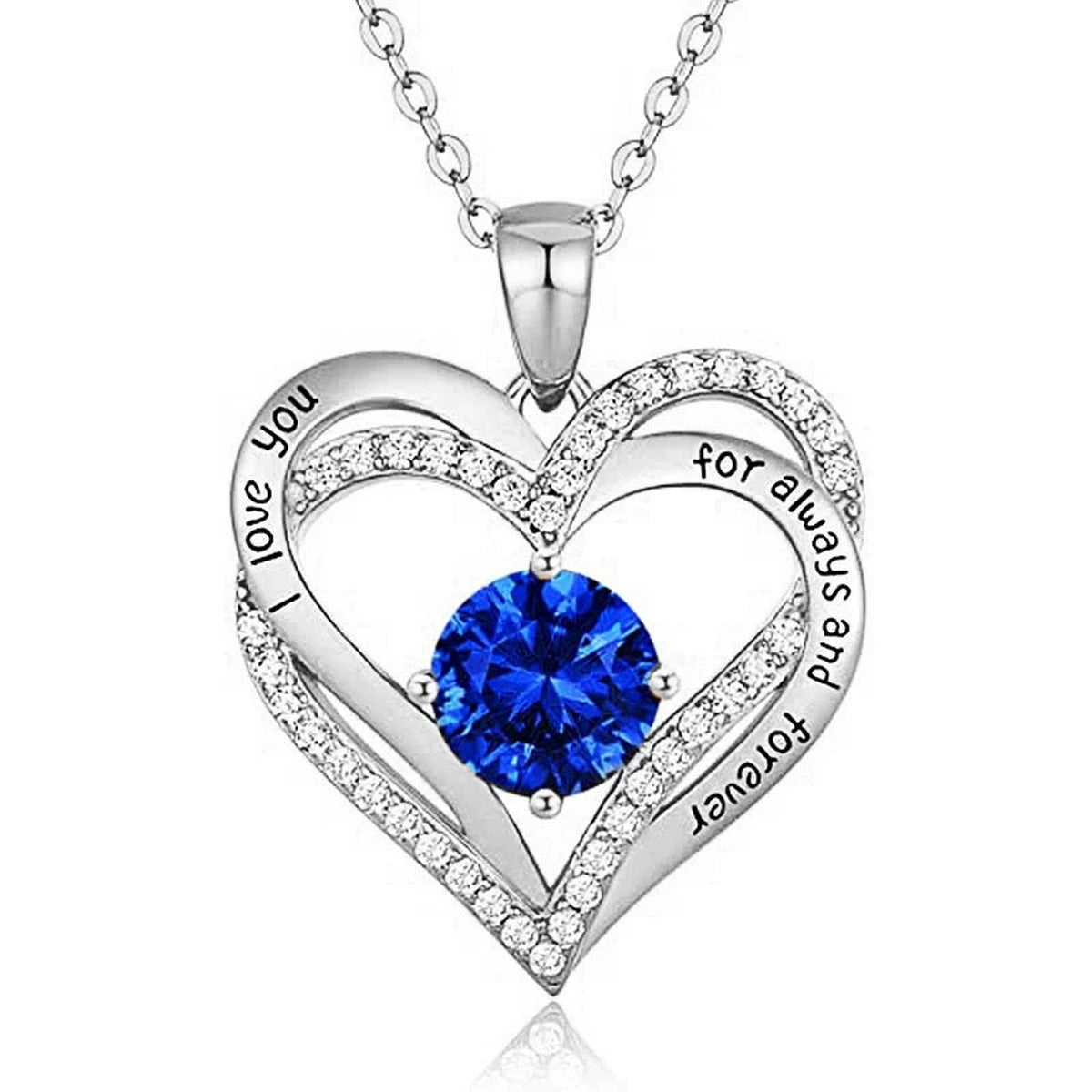 Interlocking Heart Colored Moissanite Necklace with CZ in White Gold-Plated S925 sterling silver white background product photo showing interlocking heart pendant with CZ outline and an 8mm colored round moissanite center
