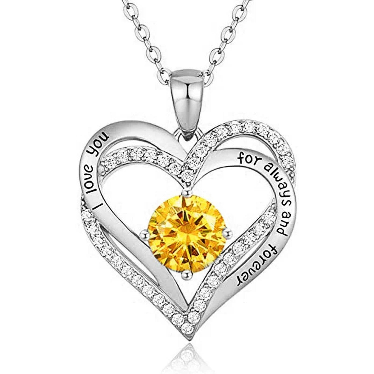 Interlocking Heart Colored Moissanite Necklace with CZ in White Gold-Plated S925 sterling silver white background product photo showing interlocking heart pendant with CZ outline and an 8mm colored round moissanite center