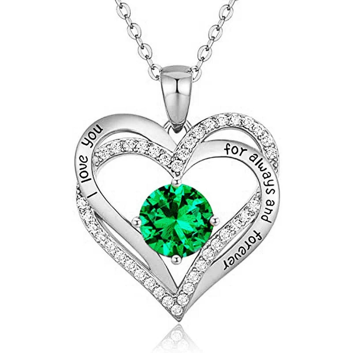 Interlocking Heart Colored Moissanite Necklace with CZ in White Gold-Plated S925 sterling silver white background product photo showing interlocking heart pendant with CZ outline and an 8mm colored round moissanite center