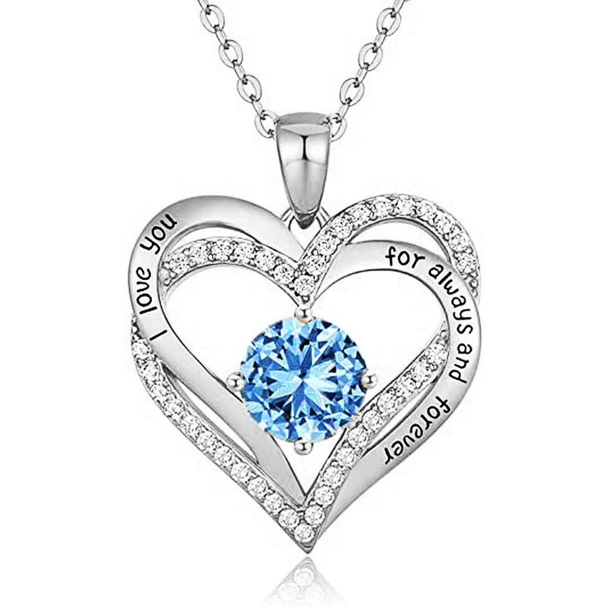 Interlocking Heart Colored Moissanite Necklace with CZ in White Gold-Plated S925 sterling silver white background product photo showing interlocking heart pendant with CZ outline and an 8mm colored round moissanite center