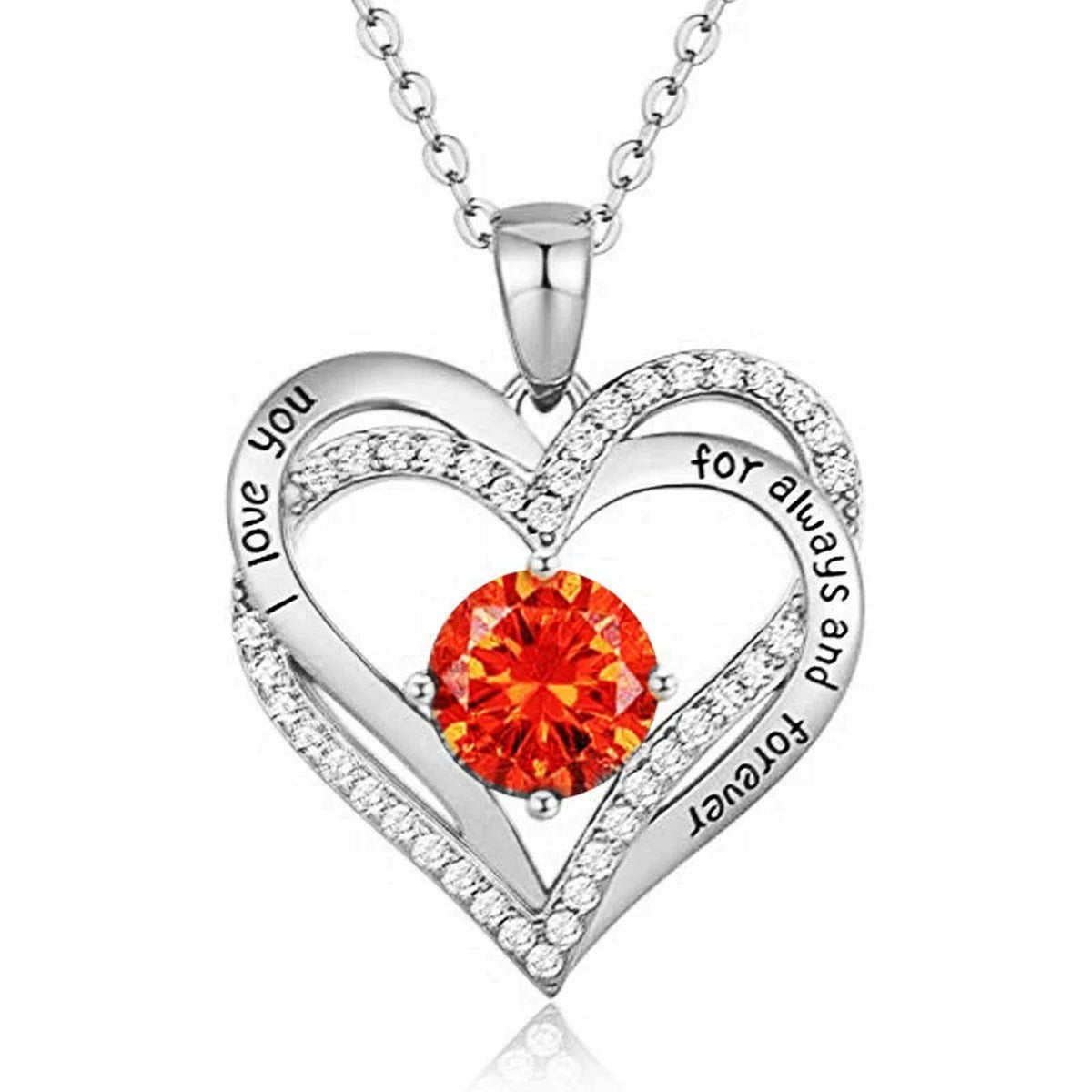Interlocking Heart Colored Moissanite Necklace with CZ in White Gold-Plated S925 sterling silver white background product photo showing interlocking heart pendant with CZ outline and an 8mm colored round moissanite center