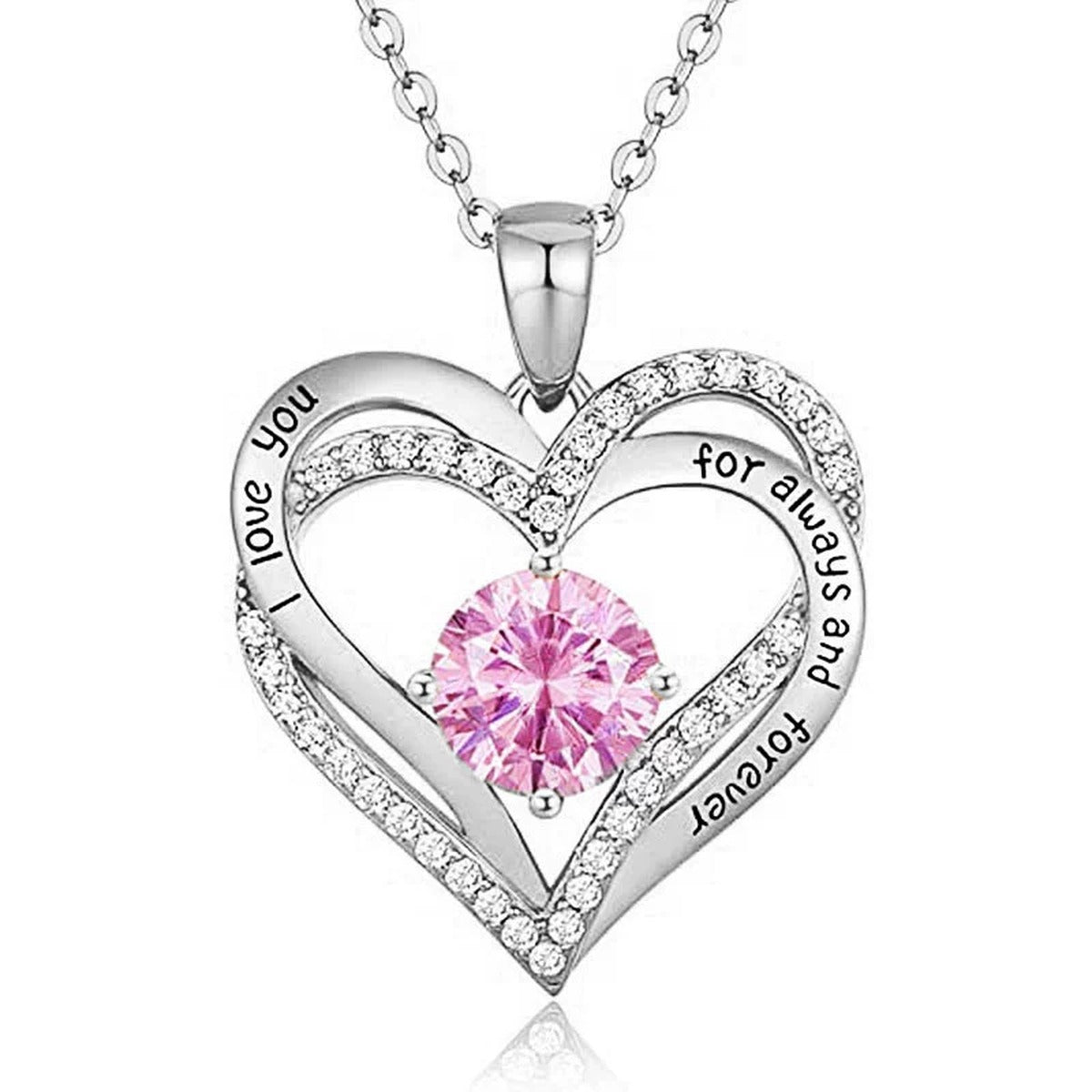 Interlocking Heart Colored Moissanite Necklace with CZ in White Gold-Plated S925 sterling silver white background product photo showing interlocking heart pendant with CZ outline and an 8mm colored round moissanite center