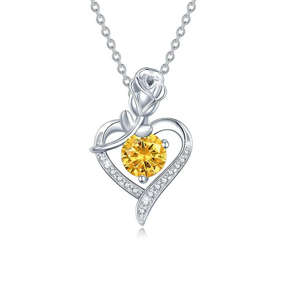 Rose Heart Colored Moissanite Necklace with CZ in White Gold-Plated S925 sterling silver white background product photo showing rose and heart pendant with CZ accents and colored round moissanite center options