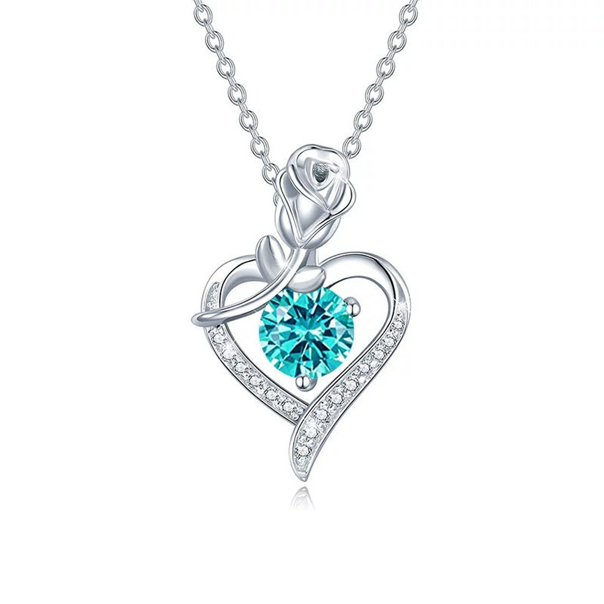 Rose Heart Colored Moissanite Necklace with CZ in White Gold-Plated S925 sterling silver white background product photo showing rose and heart pendant with CZ accents and colored round moissanite center options