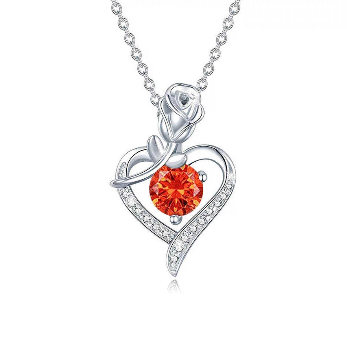 Rose Heart Colored Moissanite Necklace with CZ in White Gold-Plated S925 sterling silver white background product photo showing rose and heart pendant with CZ accents and colored round moissanite center options