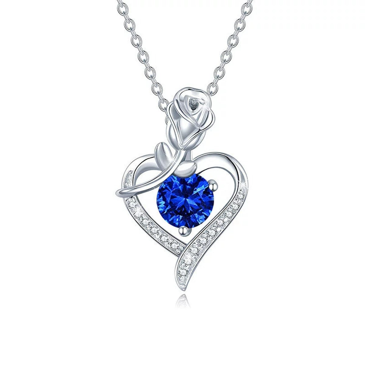 Rose Heart Colored Moissanite Necklace with CZ in White Gold-Plated S925 sterling silver white background product photo showing rose and heart pendant with CZ accents and colored round moissanite center options