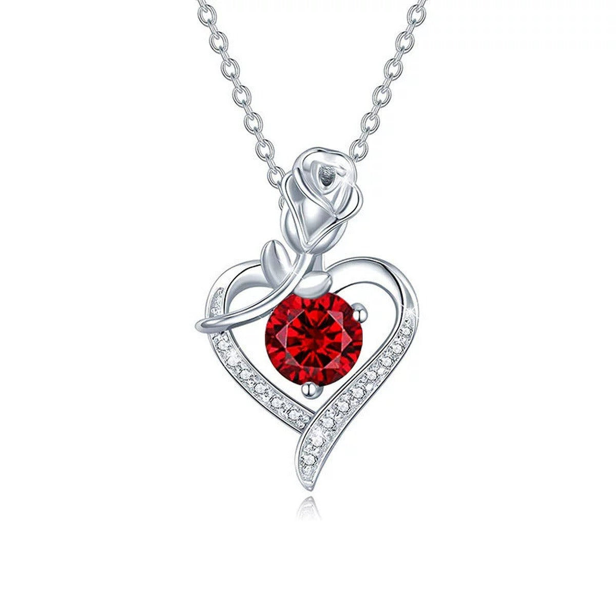 Rose Heart Colored Moissanite Necklace with CZ in White Gold-Plated S925 sterling silver white background product photo showing rose and heart pendant with CZ accents and colored round moissanite center options