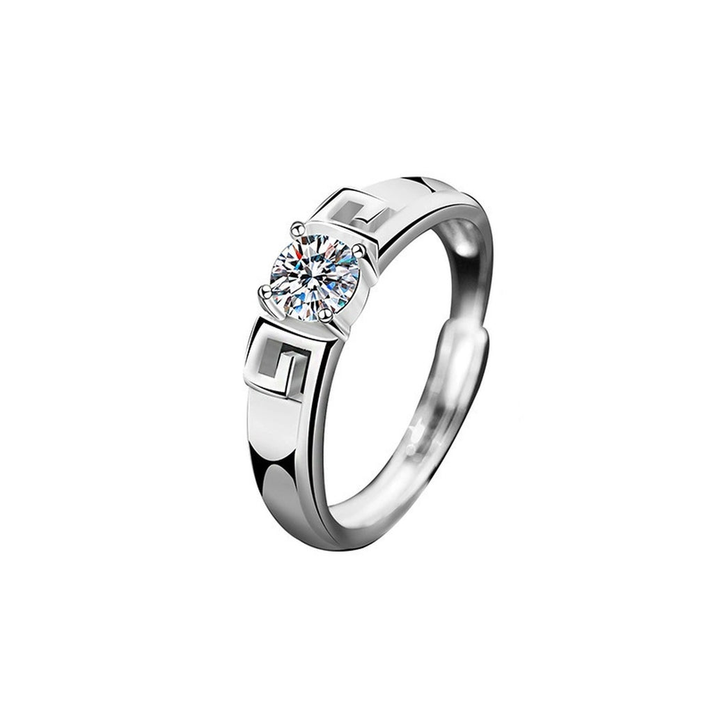 Greek Key Couples Round Moissanite Wedding Rings with CZ in gold-plated S925 sterling silver on clean white background