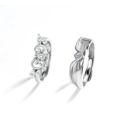 Angel Wing Couples Moissanite Wedding Rings in gold-plated S925 sterling silver on clean white background