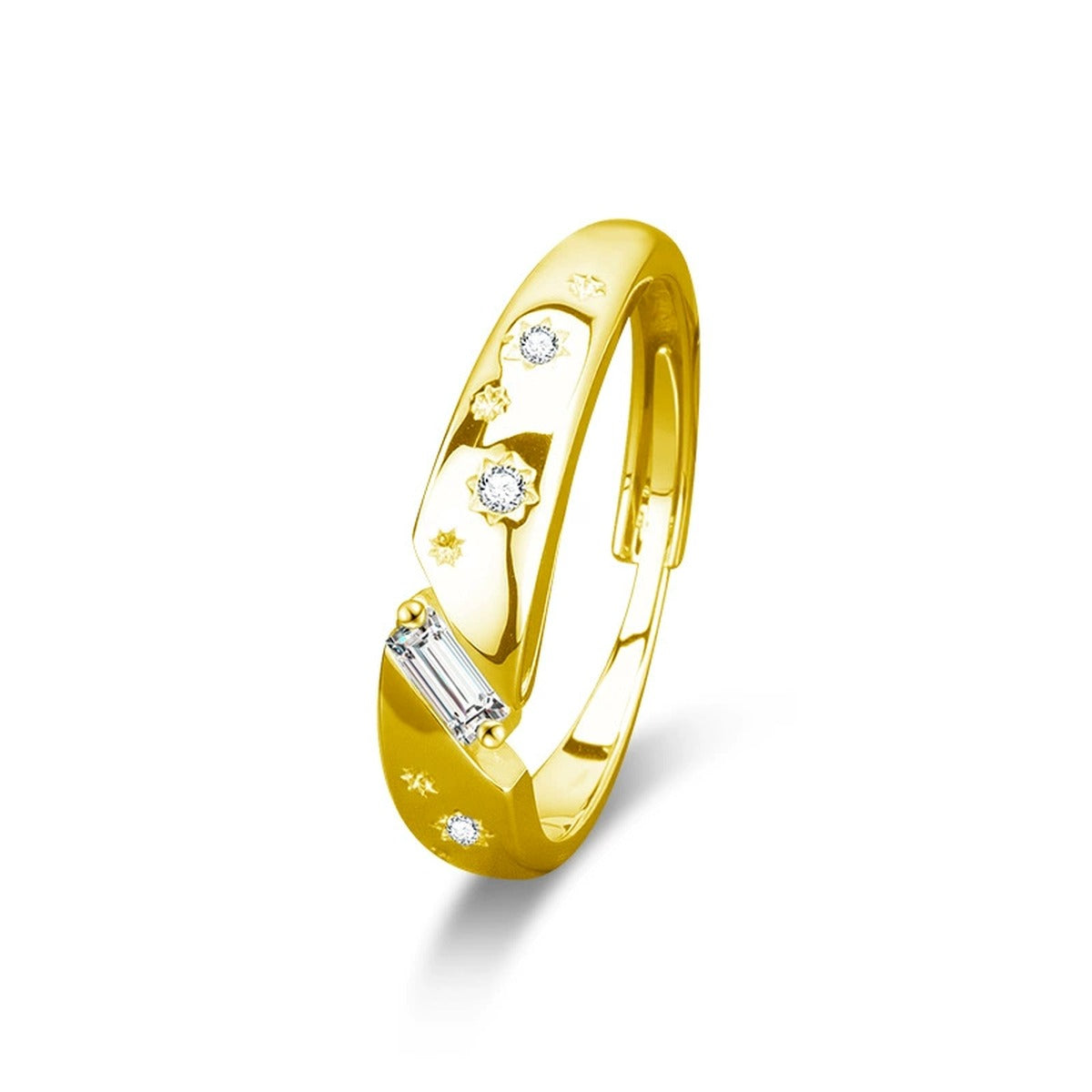 Inlaid Star Couples Moissanite Wedding Rings in gold-plated S925 sterling silver on clean white background