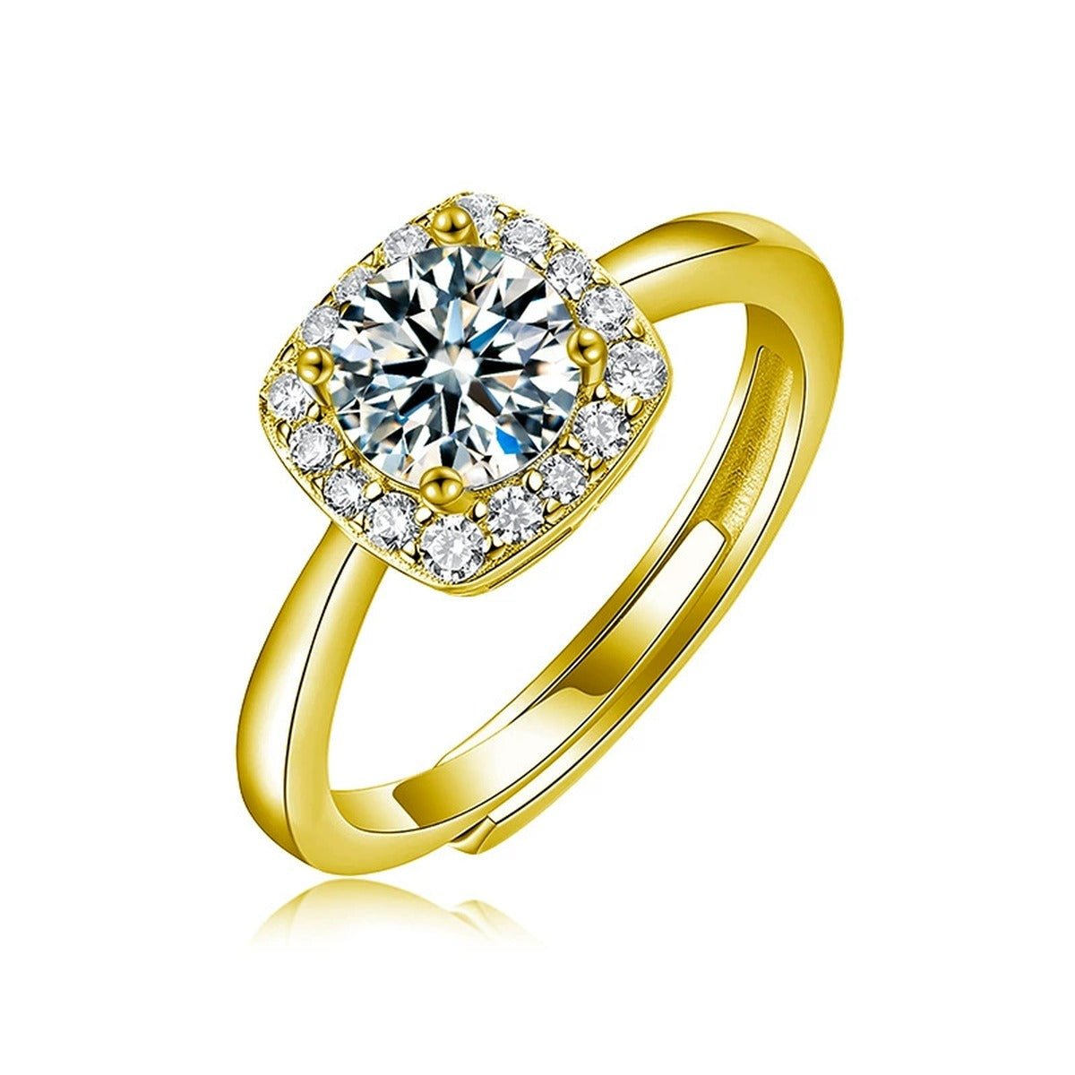 Round Moissanite Adjustable Engagement Ring in gold-plated S925 sterling silver on clean white background