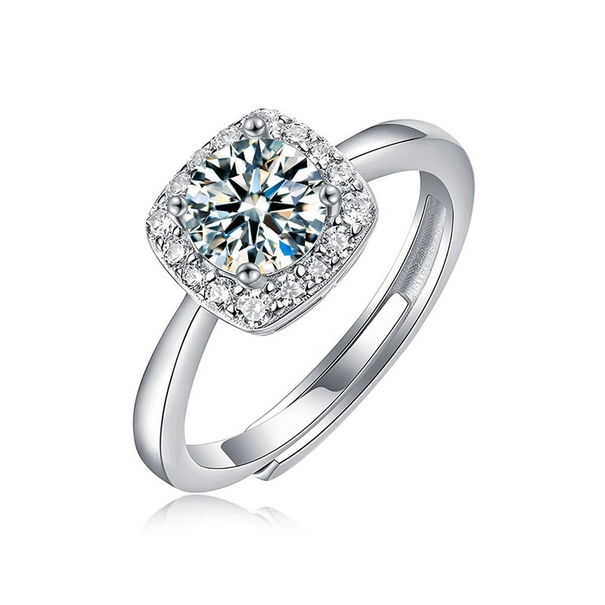 Round Moissanite Adjustable Engagement Ring in gold-plated S925 sterling silver on clean white background