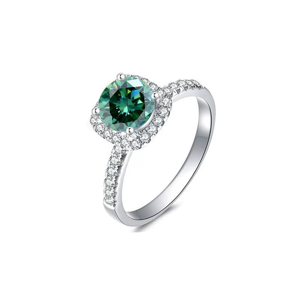 Green Round Moissanite Square Halo Engagement Ring with CZ in white gold-plated S925 sterling silver on clean white background