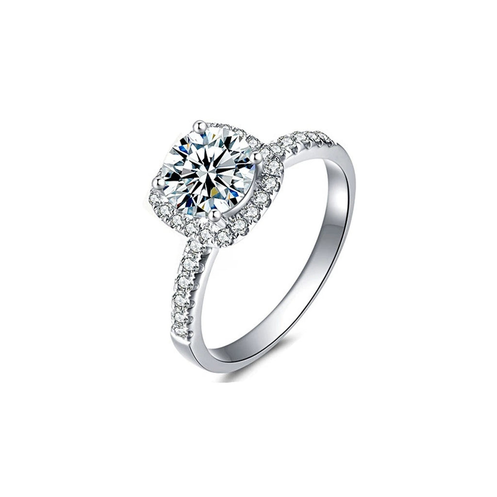 Sugar Cube Round Halo Moissanite Engagement Ring with CZ in gold-plated S925 sterling silver on clean white background