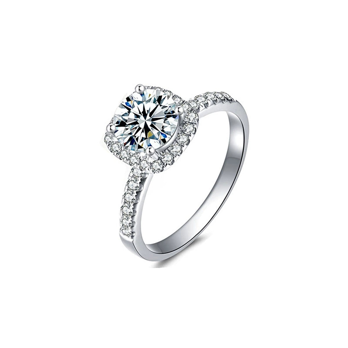 Sugar Cube Round Halo Moissanite Engagement Ring with CZ in gold-plated S925 sterling silver on clean white background