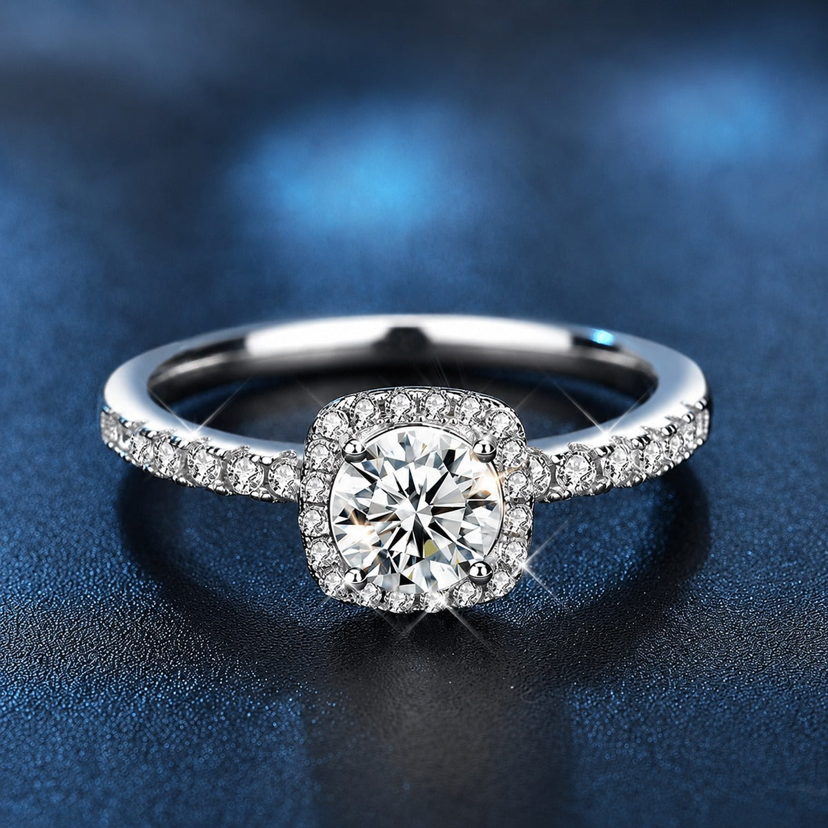 Sugar Cube Round Halo Moissanite Engagement Ring with CZ product view showing moissanite setting and metal finish