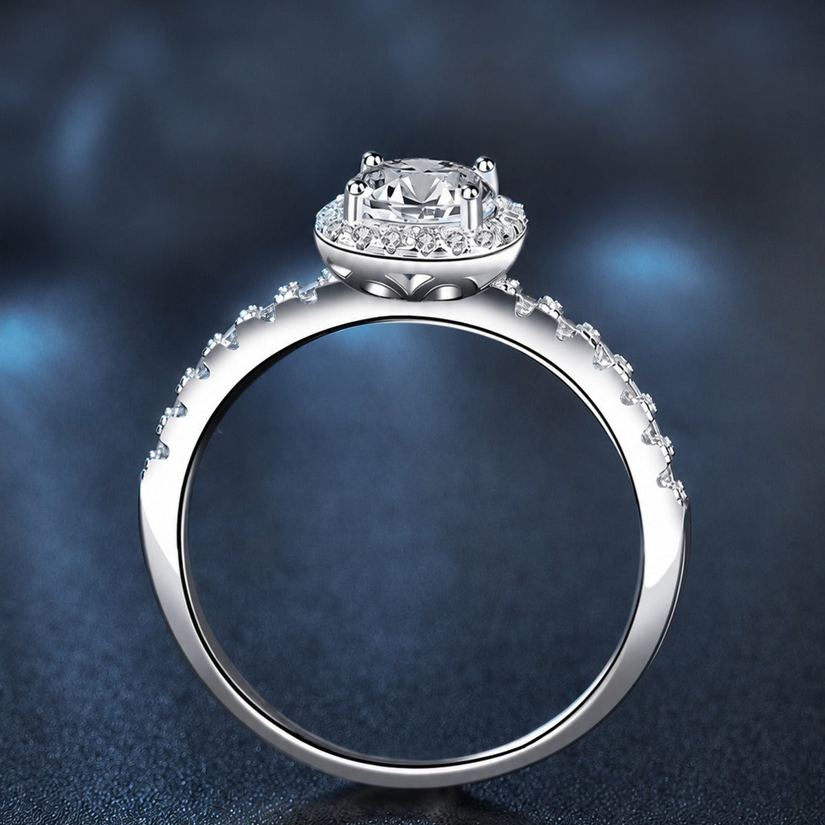 Sugar Cube Round Halo Moissanite Engagement Ring with CZ product view showing moissanite setting and metal finish