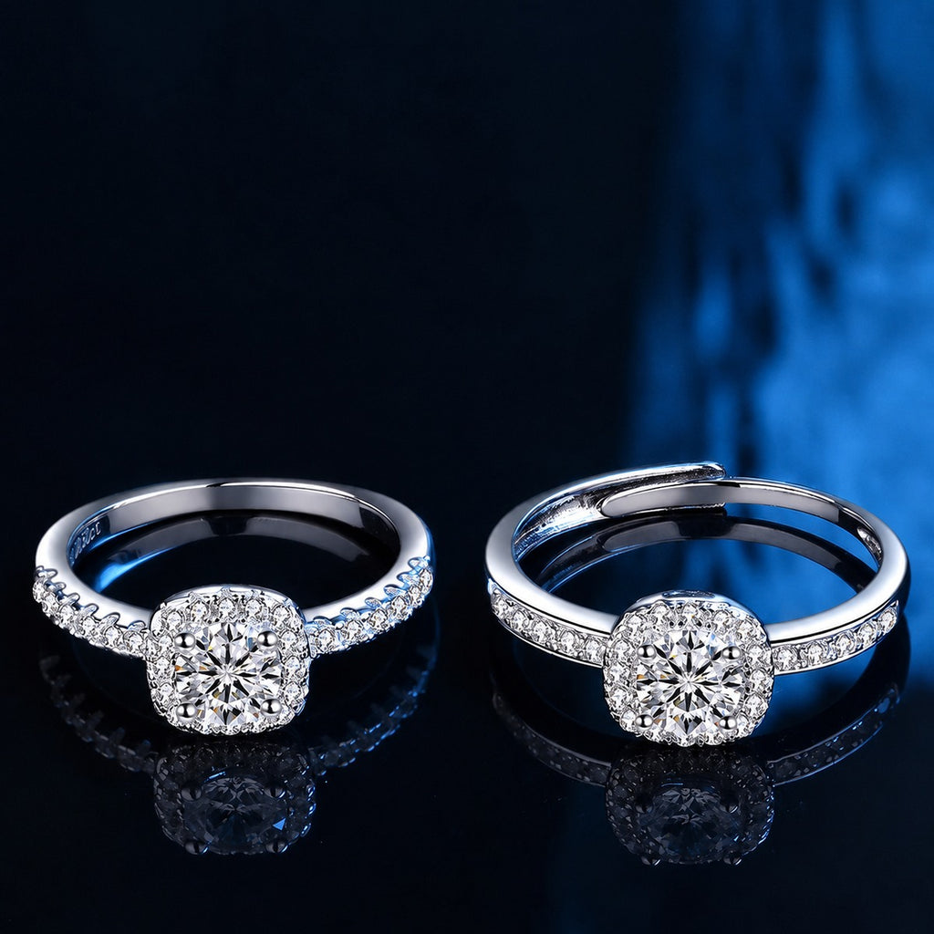 Sugar Cube Round Halo Moissanite Engagement Ring with CZ close-up detail view with moissanite sparkle