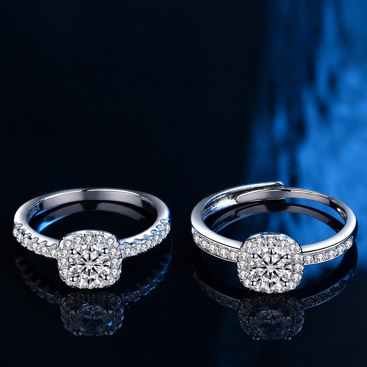 Sugar Cube Round Halo Moissanite Engagement Ring with CZ close-up detail view with moissanite sparkle