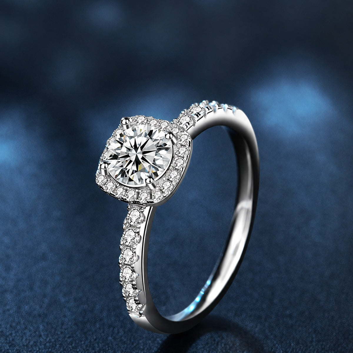 Sugar Cube Round Halo Moissanite Engagement Ring with CZ close-up detail view with moissanite sparkle