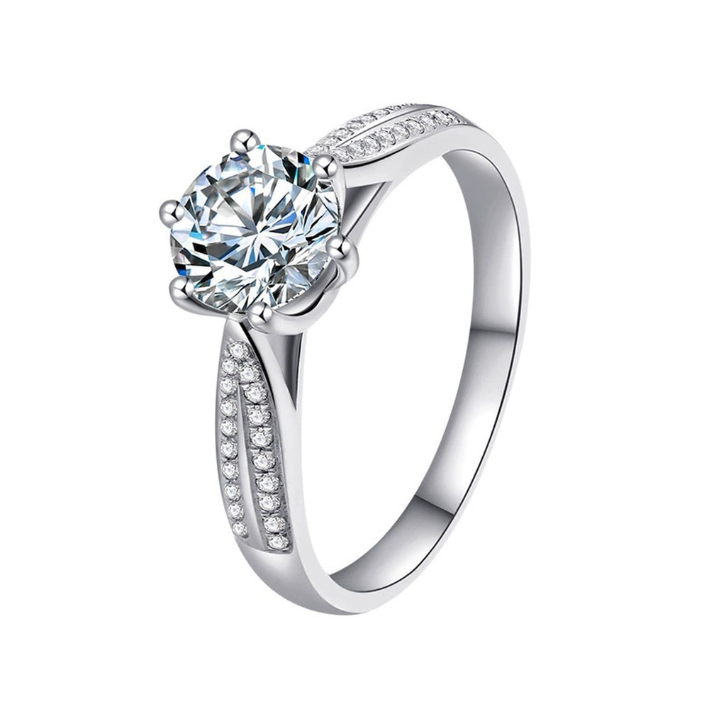 Round Moissanite Pave Engagement Ring with CZ in white gold-plated S925 sterling silver on clean white background
