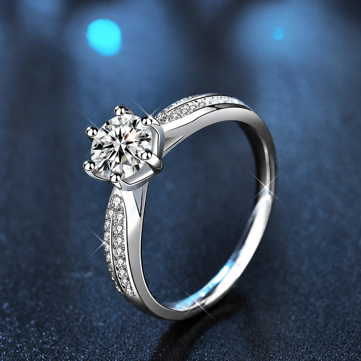 Round Moissanite Pave Engagement Ring with CZ product view showing moissanite setting and metal finish