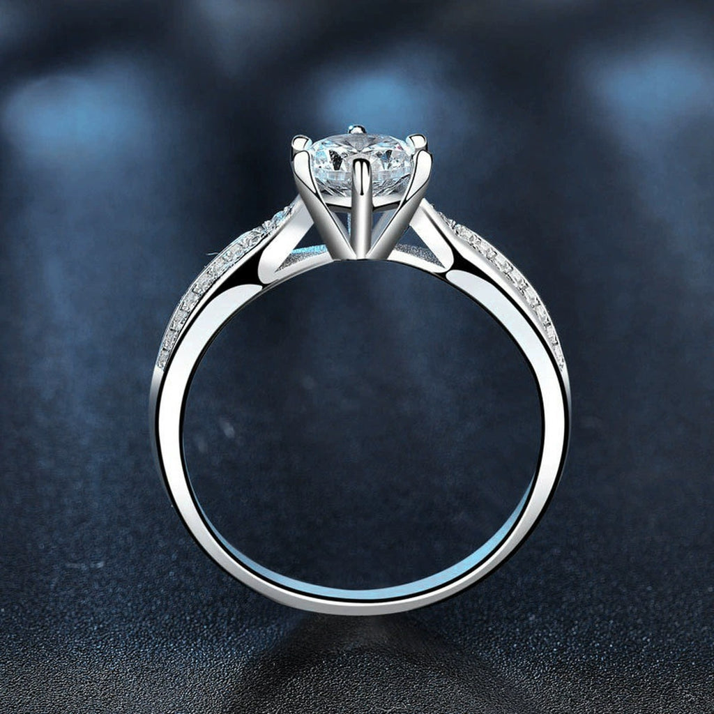 Round Moissanite Pave Engagement Ring with CZ close-up detail view with moissanite sparkle