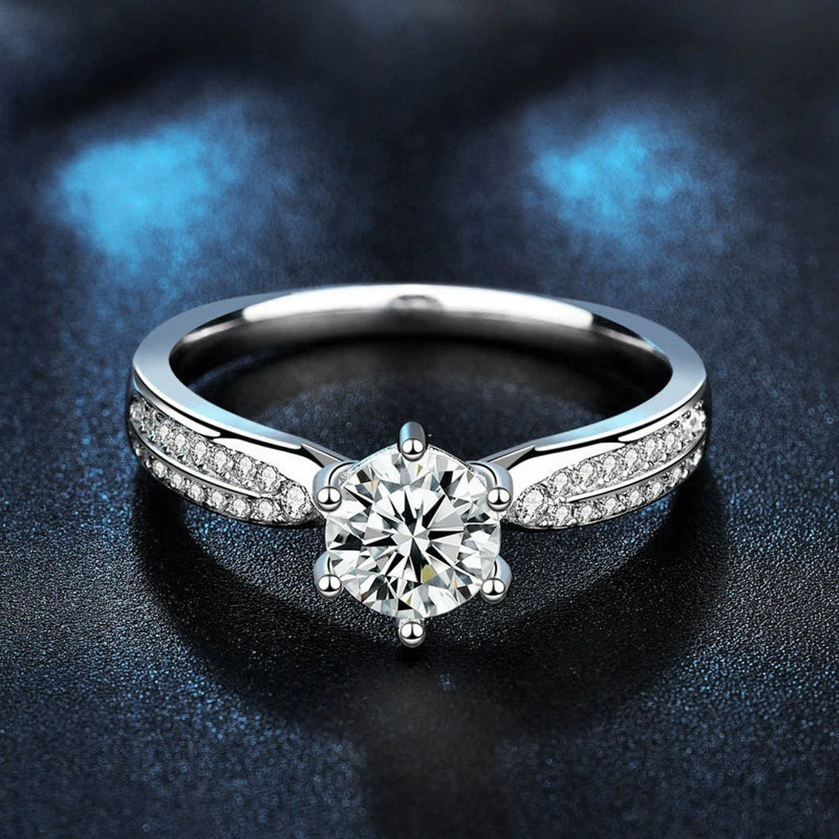 Round Moissanite Pave Engagement Ring with CZ close-up detail view with moissanite sparkle