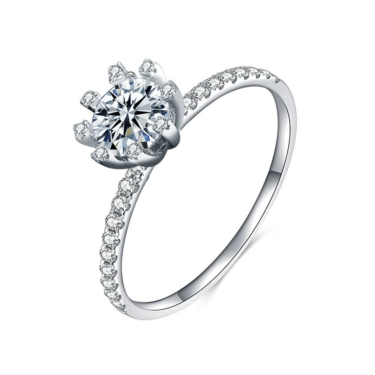 Eight-Prong Round Moissanite Engagement Ring with CZ in gold-plated S925 sterling silver on clean white background