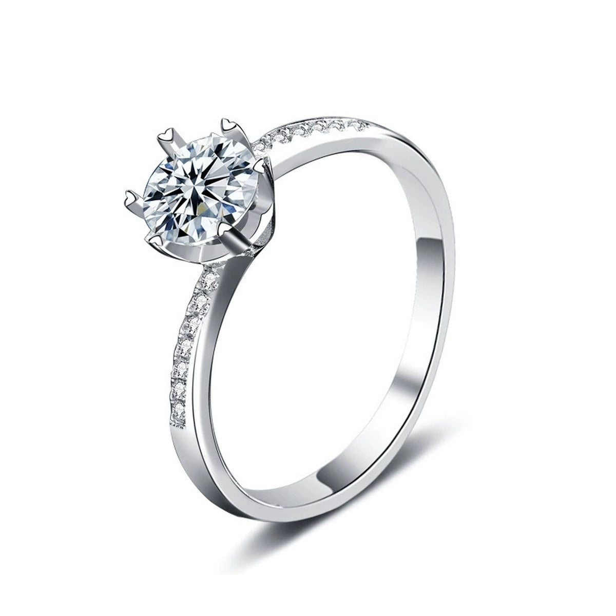 Six-Prong Round Moissanite Engagement Ring with CZ in gold-plated S925 sterling silver on clean white background