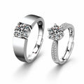 Couples Round Moissanite Wedding Rings with CZ in white gold-plated S925 sterling silver on clean white background