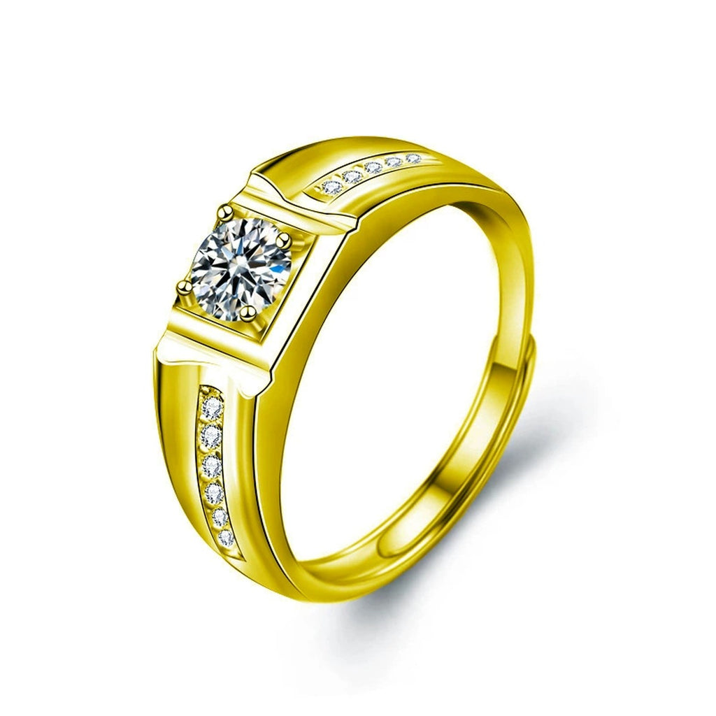 Channel-Set Round Moissanite Men's Wedding Ring with CZ in gold-plated S925 sterling silver on clean white background
