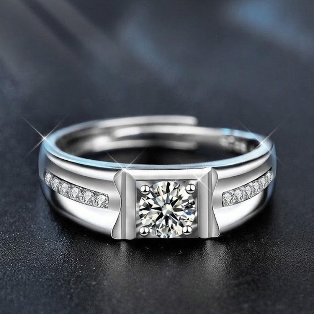 Channel-Set Round Moissanite Men's Wedding Ring with CZ close-up detail view with moissanite sparkle