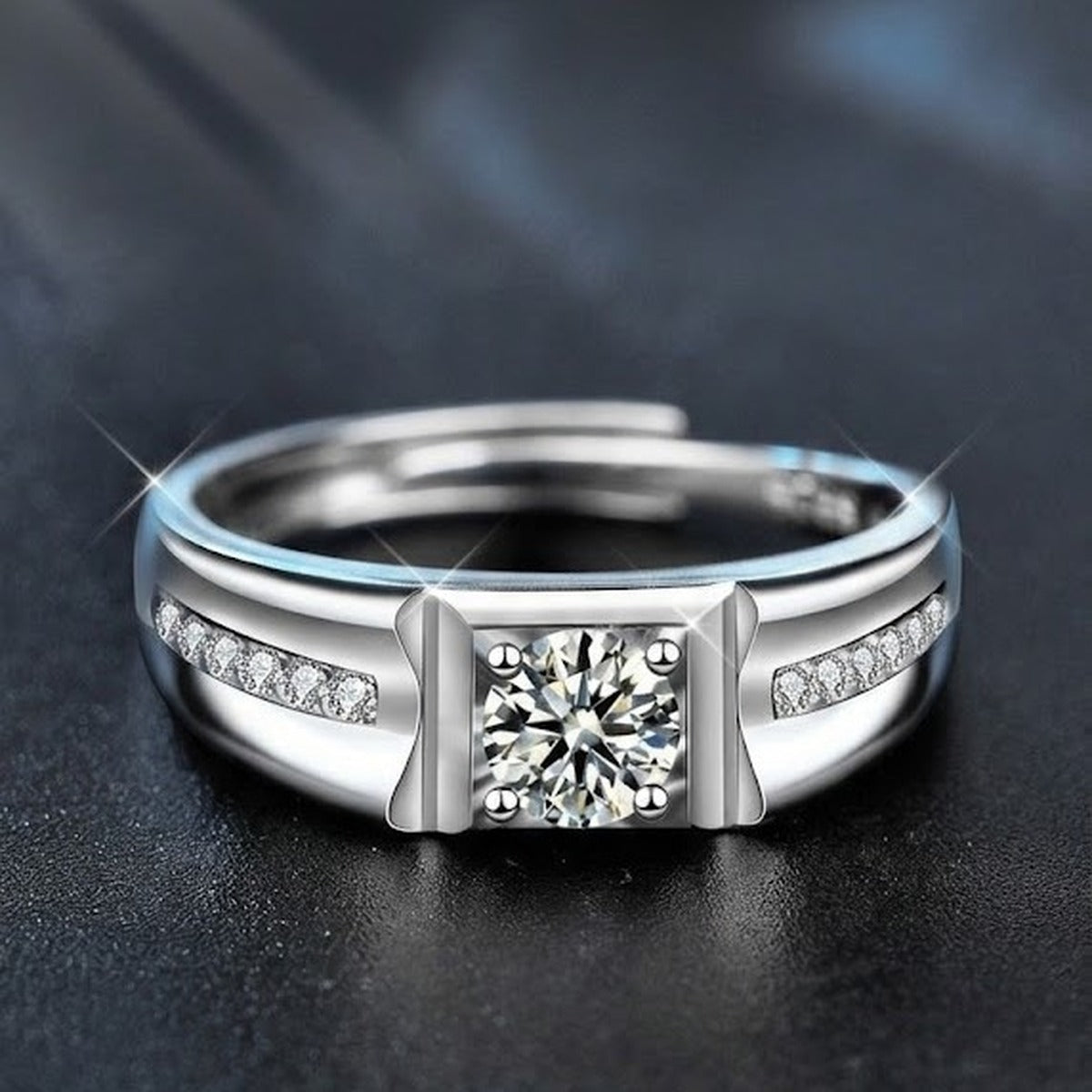 Channel-Set Round Moissanite Men's Wedding Ring with CZ close-up detail view with moissanite sparkle