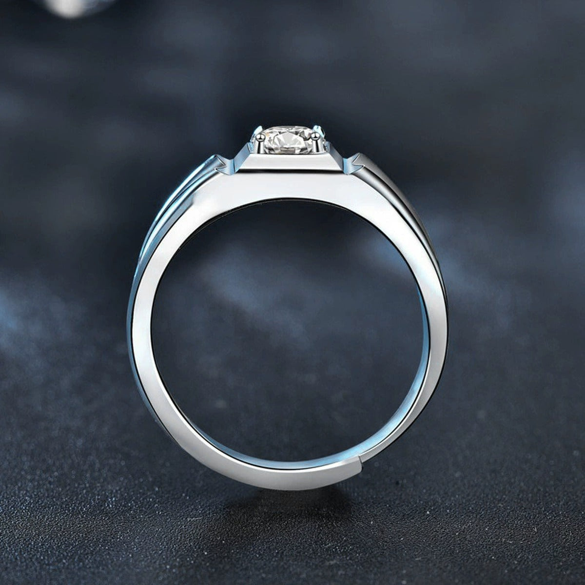 Channel-Set Round Moissanite Men's Wedding Ring with CZ close-up detail view with moissanite sparkle