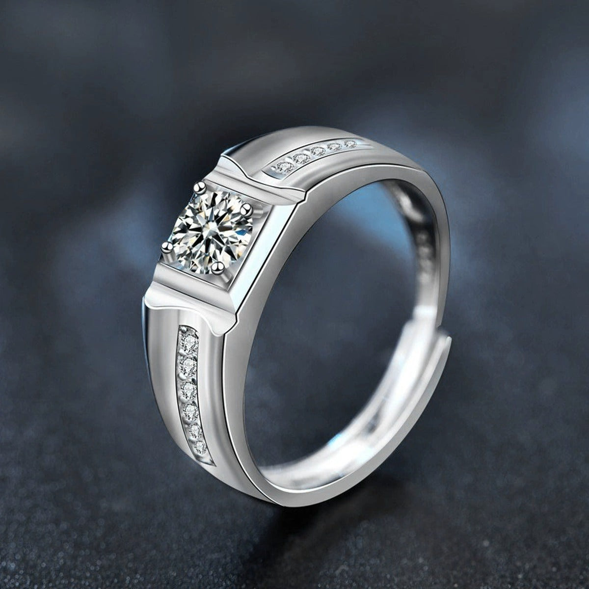 Channel-Set Round Moissanite Men's Wedding Ring with CZ close-up detail view with moissanite sparkle
